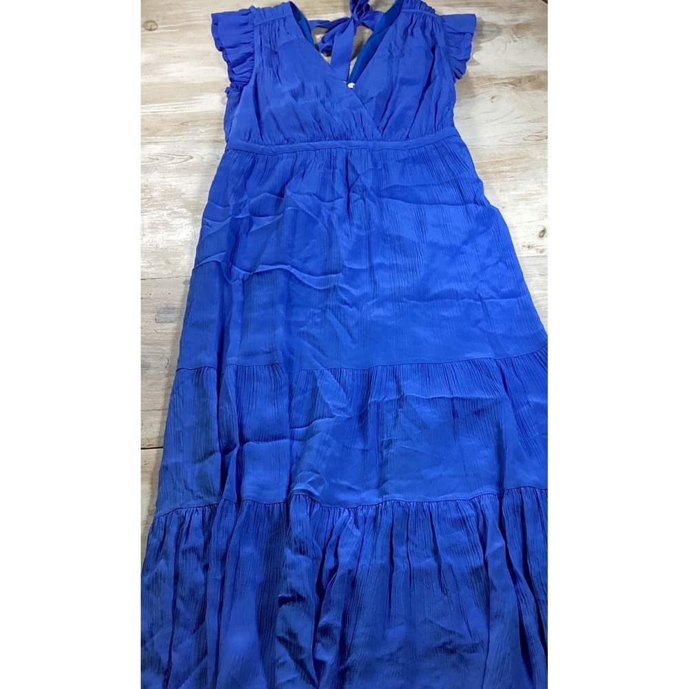 Marie Oliver Blue Crinkle Silk Blend Tiered Maxi Dress Ruffle V-Neck Tie Back 10